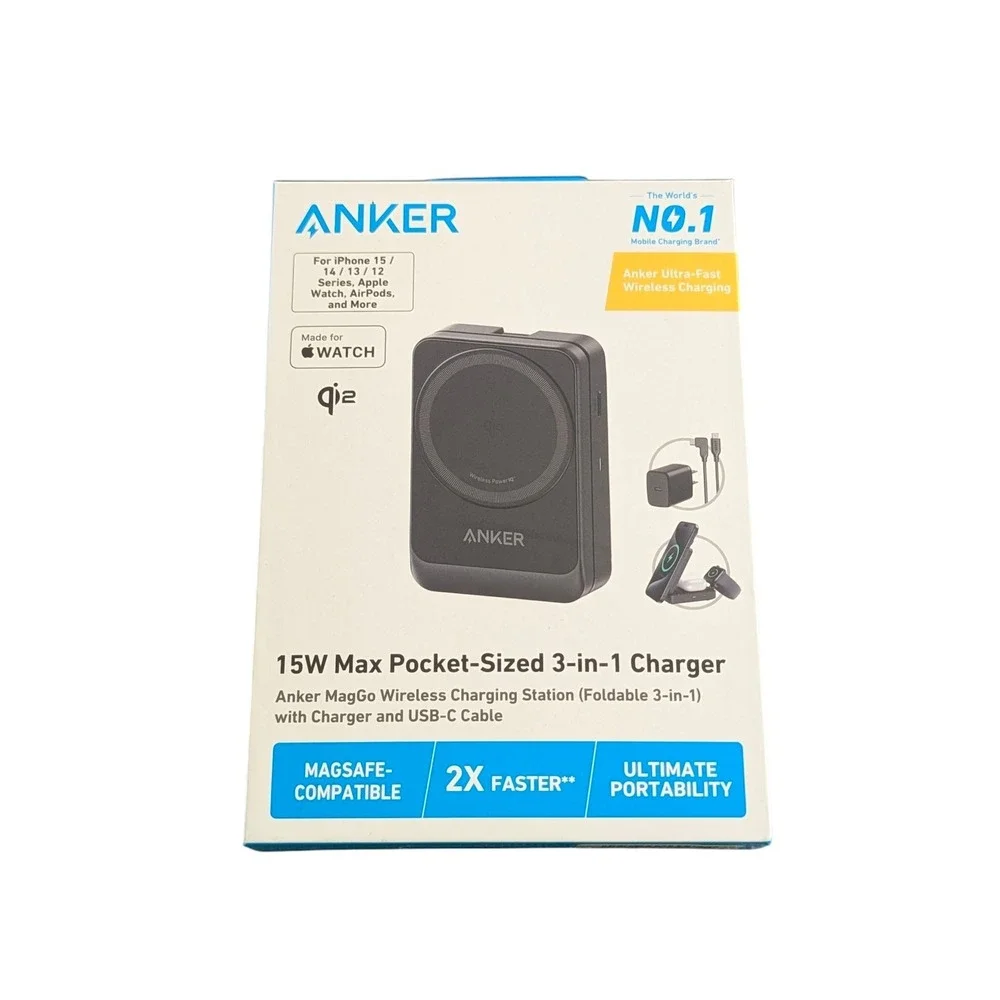 Oo7U Anker  MagGo 15W Qi2 Foldable Pocket-Sized 3-in-1 Magsafe‎ Charger Black